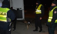 Funkcjonariusze Policji i Straży Granicznej kontrolują bus-a, pomaga im pies służbowy