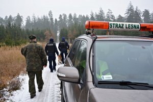 Samochód Straży Leśnej, strażnicy leśni i policjanci w lesie