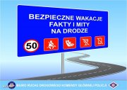 Na niebieskiej tablicy informacyjnej napis: &quot;Bezpieczne wakacje fakty i mity na drodze&quot;, a pod nim 5 znaków drogowych