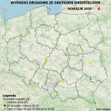 Mapa Polski z naniesionymi punktami gdzie doszło do śmiertelnych wypadków drogowych.