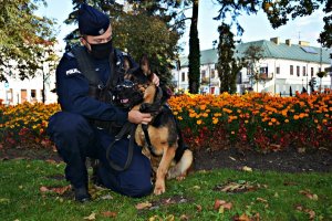Przewodnik psa służbowego w umundurowaniu ćwiczebnym przykucnął obok psa służbowego w parku na tle klombu kwiatów
