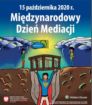Plakat Międzynarodowego Dnia Mediacji- na zasadzie kreskówki, kolorystyka niebiesko, brązowo, żółta