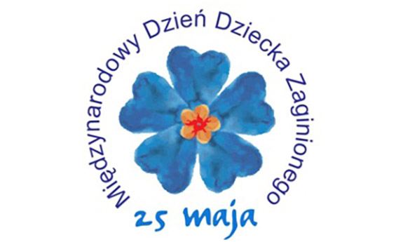 Niebieski kwiatek  dookoła napis 25 maja Międzynarodowy Dzień Dziecka Zaginionego