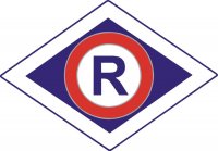 Litera R w rombie i kole, kolorystyka: biało, czerwono, granatowa