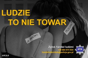 Żółty napis: ludzie to nie towar, zdjęcie dwóch kobiet odwróconych plecami, gwiazda policyjna, nr telefonu, email