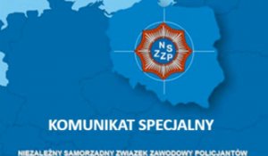 Na niebieskim tle biały napis: komunikat specjalny Niezależny Samorządny Związek Zawodowy Policjantów, zarys mapy Polski