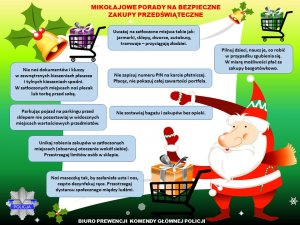 Plakat: Mikołaj z wózkiem na prezenty, wokół niego różne porady na bezpieczne przedświąteczne zakupy