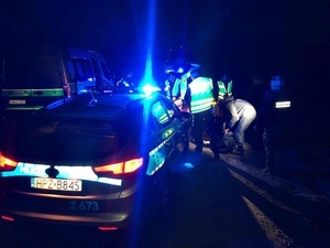 Policjanci kontrolują samochód, noc, działania wspólnie ze strażnikami granicznymi