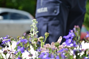 Kwiaty, w tle fragment spodni policjanta