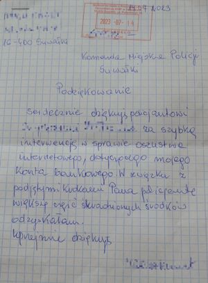 list podziękowanie mieszkanki Suwałk dla policjanta