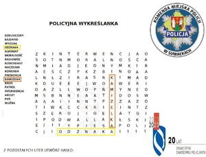 Wykreślanka ze logiem KMP Suwałki i 20-lecia etyki zawodowej policjanta