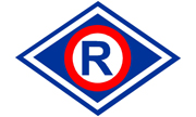 Litera R w rombie, kolorystyka niebiesko, czerwono, biała