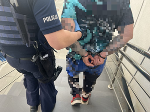 Policjant prowadzi zatrzymanego
