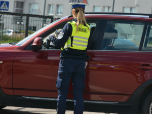 Policjantka podczas kontroli drogowej