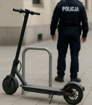 hulajnoga przy stojaku i policjant w tle