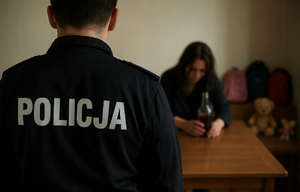 Policjant, w tle kobieta z butelką oraz plecaki i zabawki