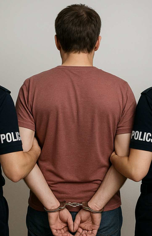 policjanci trzymający zatrzymanego w kajdankach