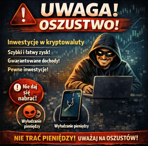 mężczyzna w masce i płaszczu oraz informacje jak nie dać się oszukać przy inwestowaniu wkryptowaluty