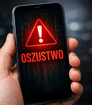 dłoń która trzyma telefon na którym jest napisany wyra oszustwo oraz wykrzyknik